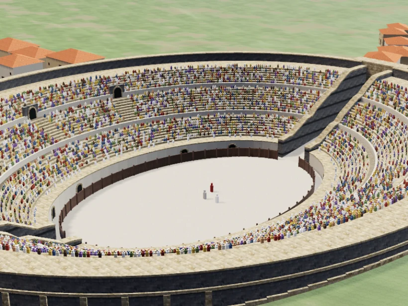 3D-Modell des Amphitheaters Trier zur Römerzeit mit vollbesetzten Rängen