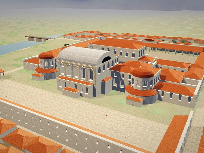 3D-Modell der Barbarathermen um 200 n. Chr.: Caldarium mit Tonnendach, zwei Schwimmhallen mit Apsiden und Südhof mit Säulenhallen