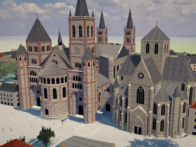 3D-Modell des Trierer Doms heute: Westfassade mit Apsis, Treppentürmen und Westtürmen, davor der Domstein, rechts die gotische Liebfrauenkirche