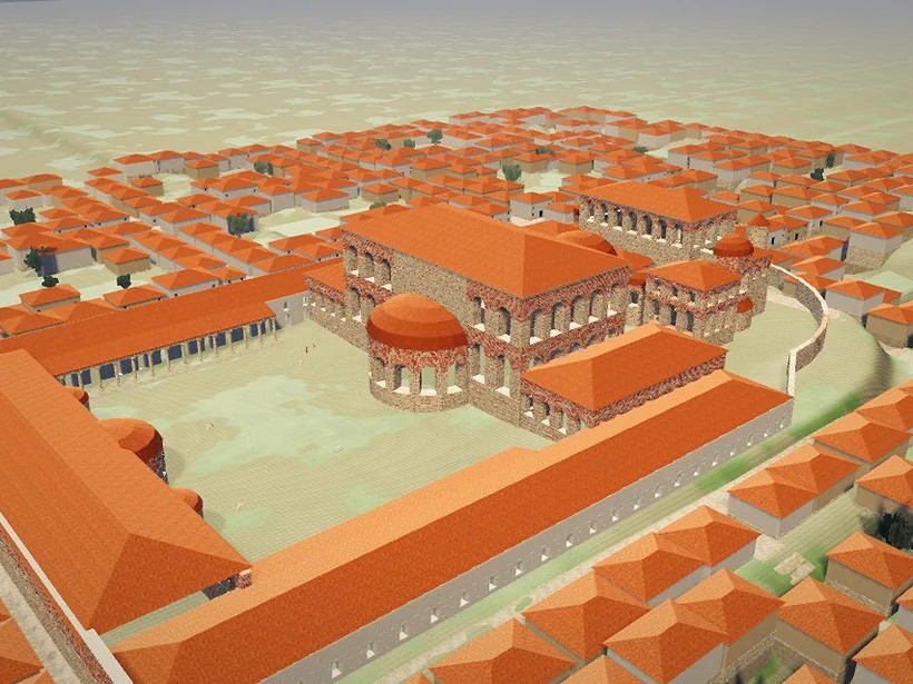 3D-Modell der Kaiserthermen, wie sie um 316 n. Chr. geplant waren: Caldarium, Rotunde, Frigidarium und Palästra