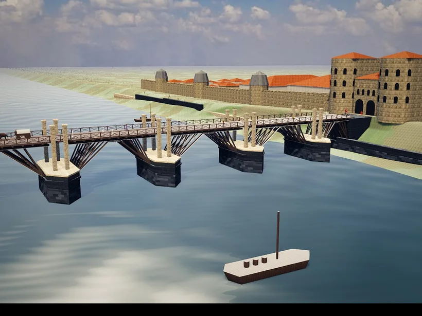 3D-Modell der Römerbrücke um 320 n. Chr.: Basaltpfeiler mit hölzernem Oberbau, am Brückenkopf die Porta Inclyta und die Stadtmauer